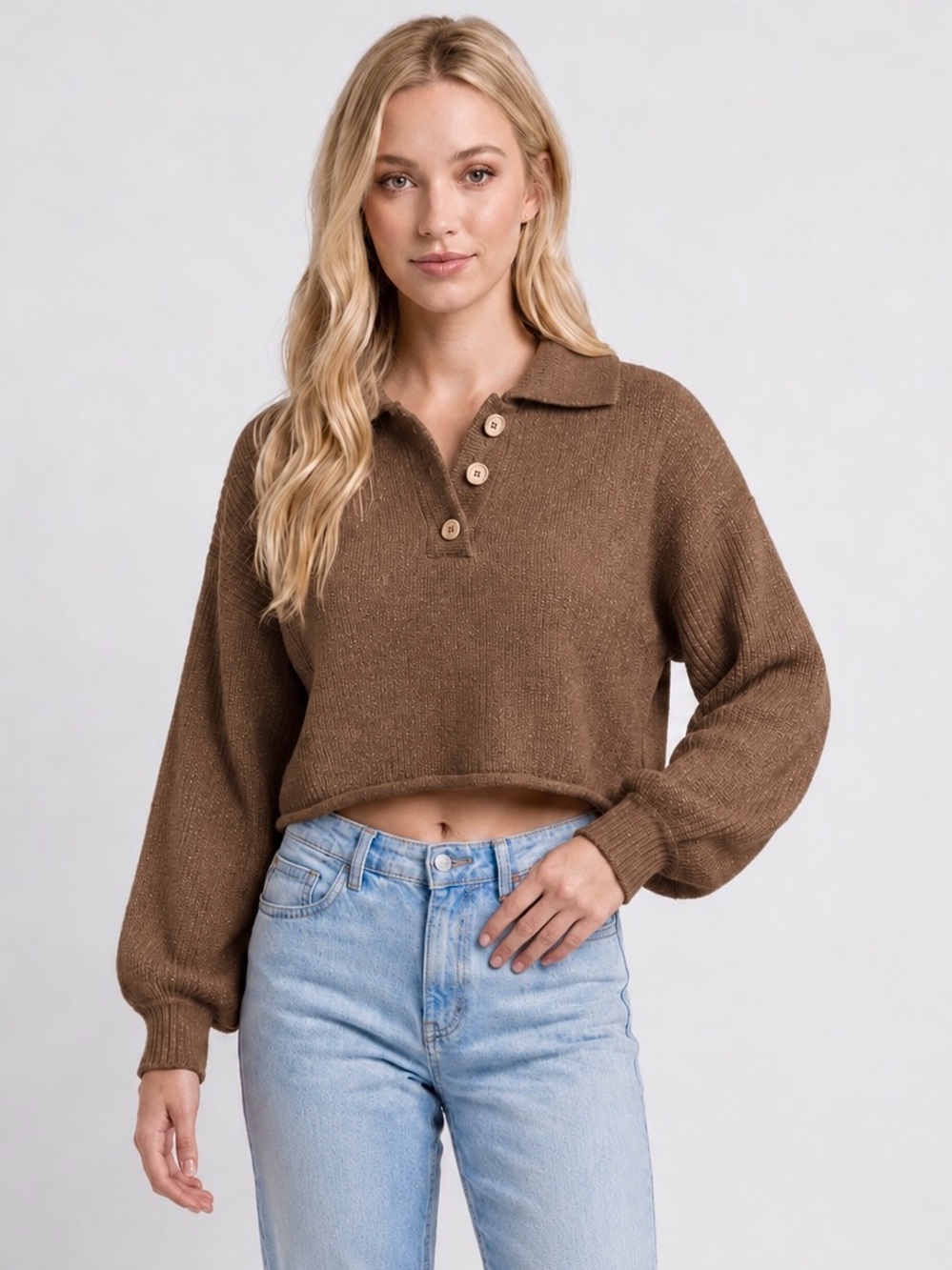 ALTAR’D STATE brown cropped rolled hem Henley collared sweater size medium